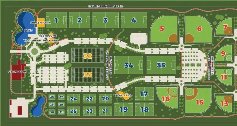 Park map with labeled areas including lakes, playgrounds, restrooms, sports courts, and various numbered zones for facilities and amenities.