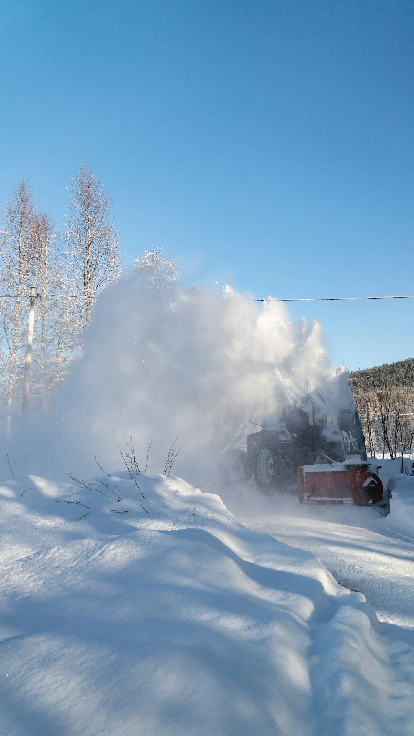 A tractor equipped with a snowplow clearing snow on a winter day, with snow-covered ground, trees, and a clear blue sky in the background.