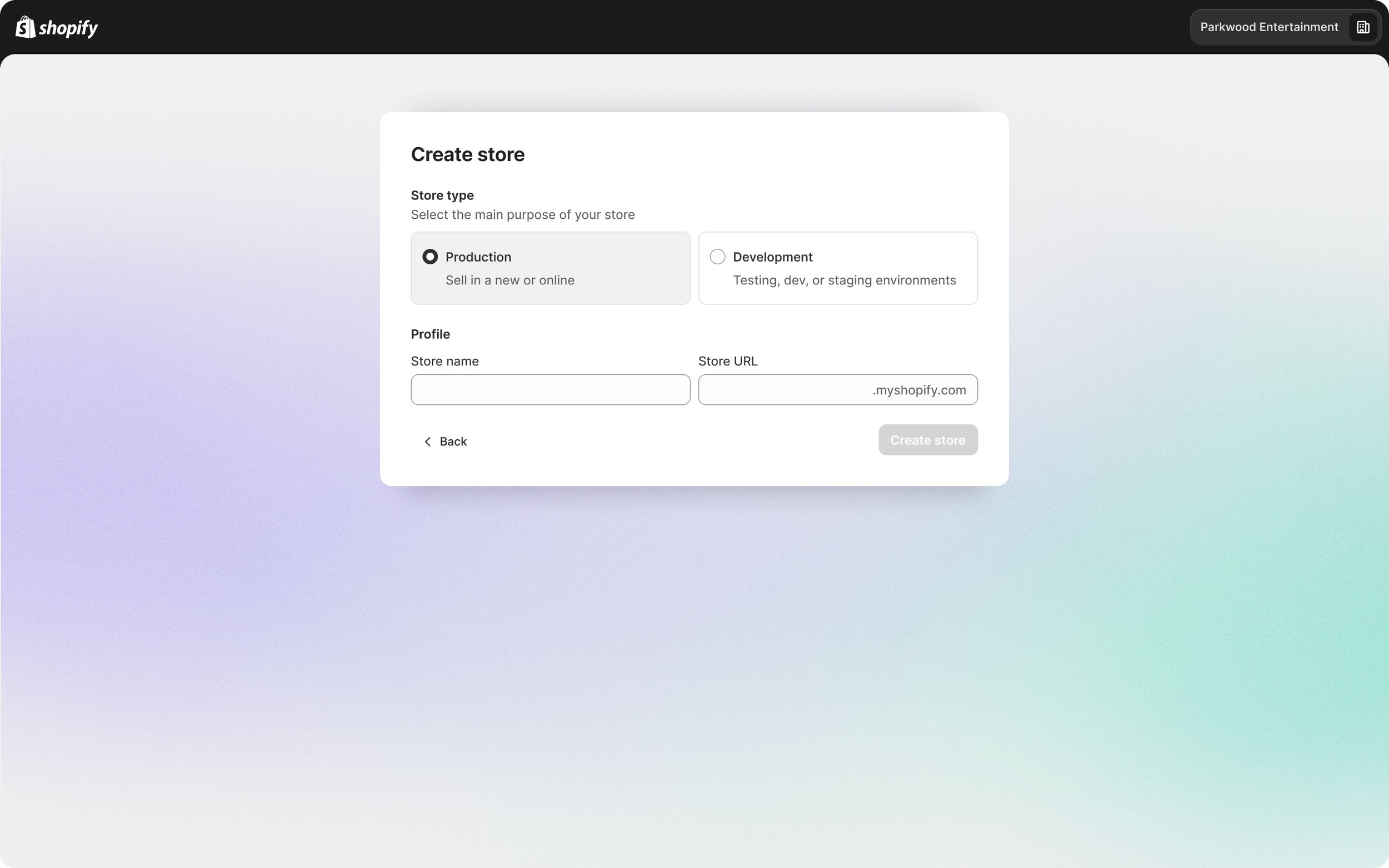 Shopify create store interface with options for store type, profile, store name, and URL.
