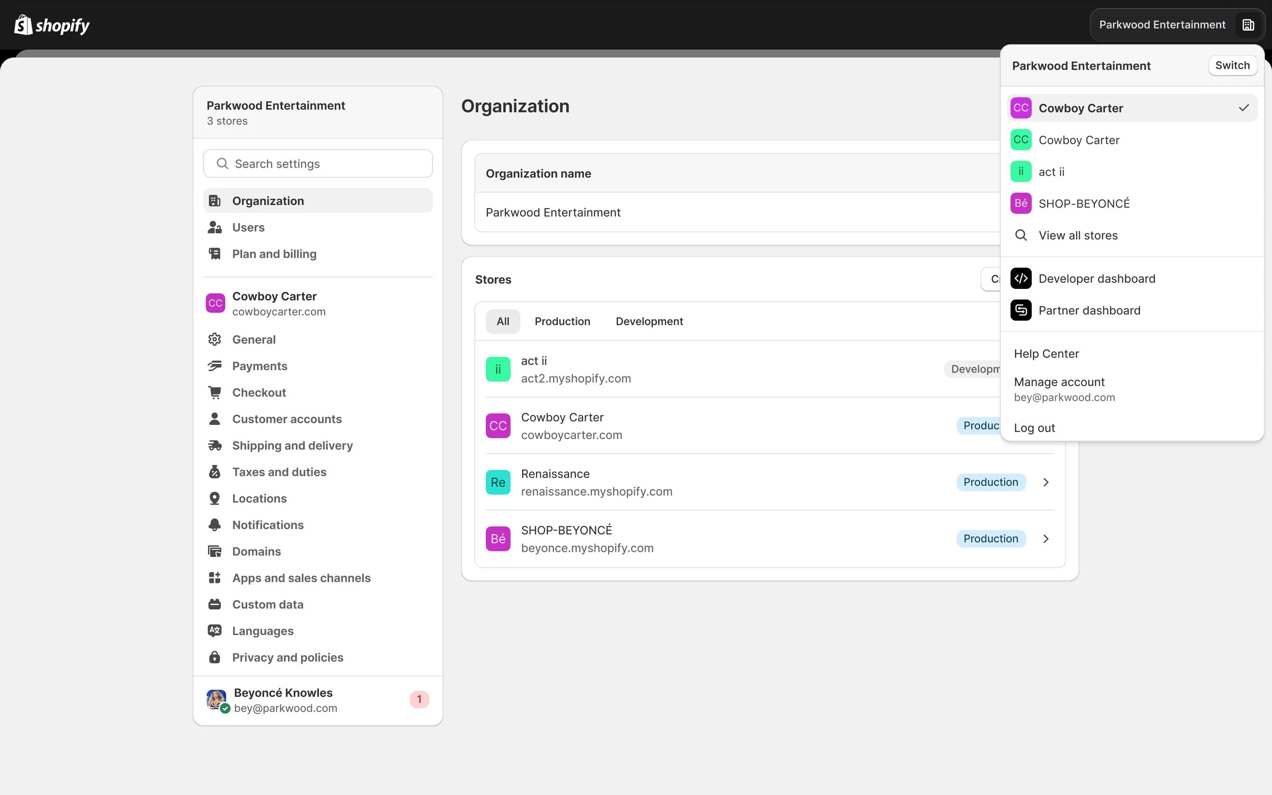 Screenshot of a Shopify dashboard showing organization settings for 'Parkwood Entertainment,' including store management options and a dropdown menu with account options.