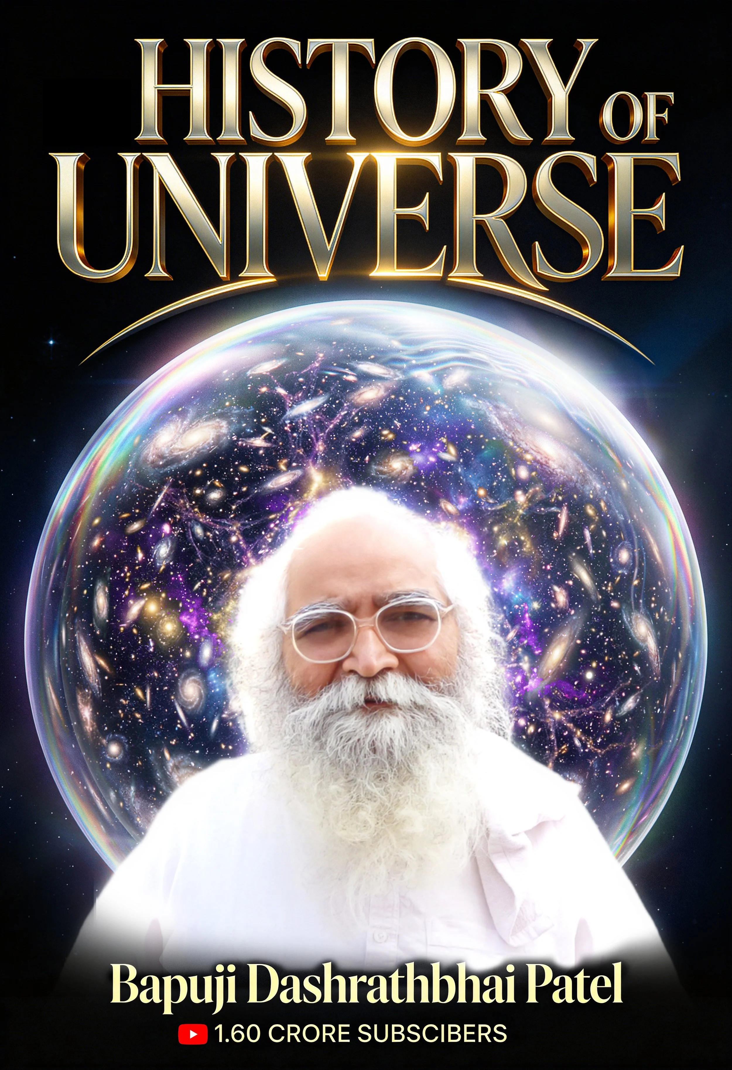 A digital artwork featuring a bearded man with glasses, set against a cosmic background of galaxies and stars. The text at the top reads 'History of Universe' in golden, 3D-style font. The text at the bottom says 'Bapuji Dashrathbhai Patel' and indicates 1.60 crore YouTube subscribers.