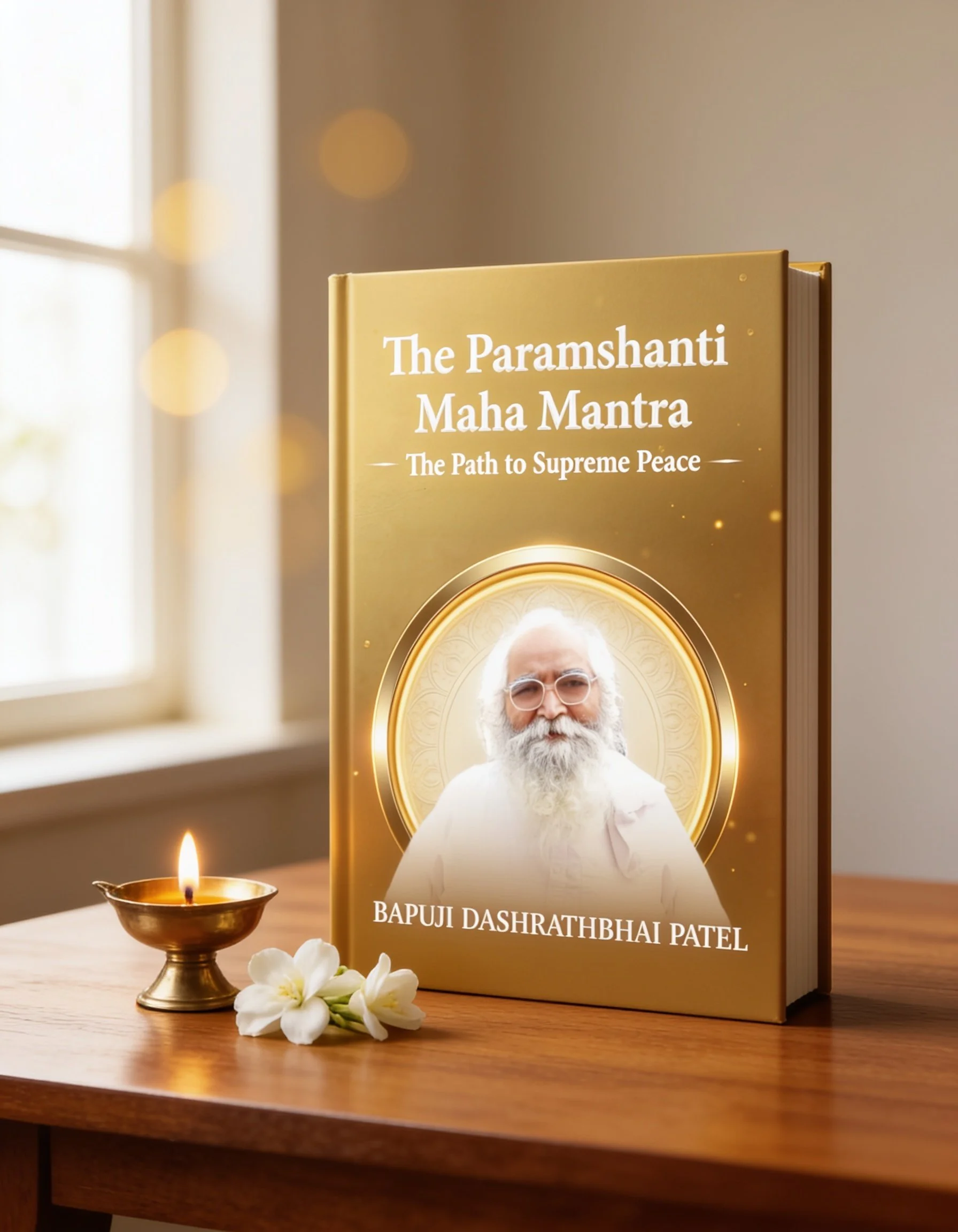 The Paramshanti Maha Mantra hardcover book by Bapuji Dashrathbhai Patel on a wooden table beside a lit brass diya and jasmine flowers.