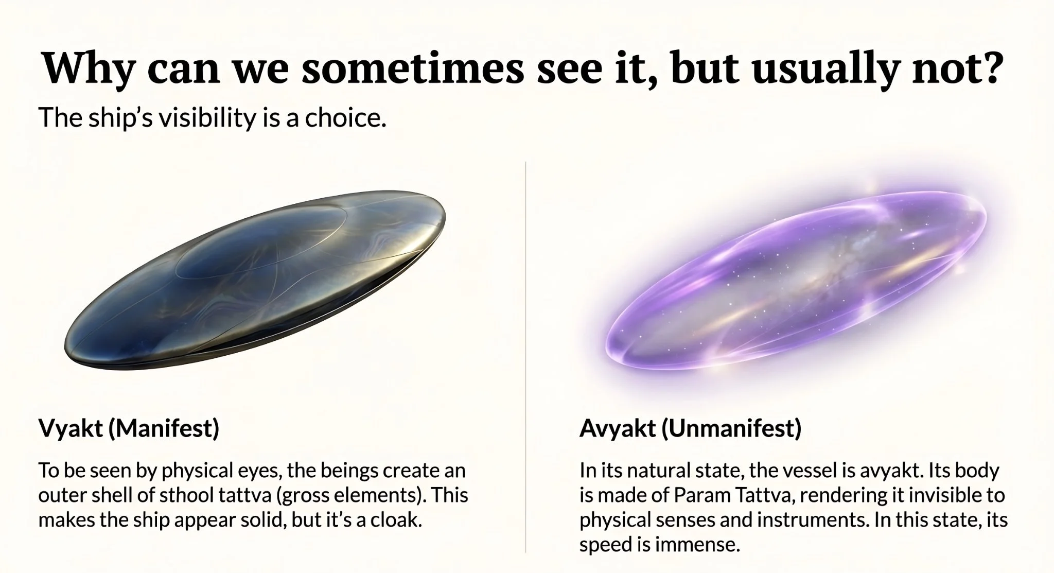 Diagram explaining why the 3i Atlas vessel is sometimes visible and usually invisible, showing vyakt (manifest) and avyakt (unmanifest) states.