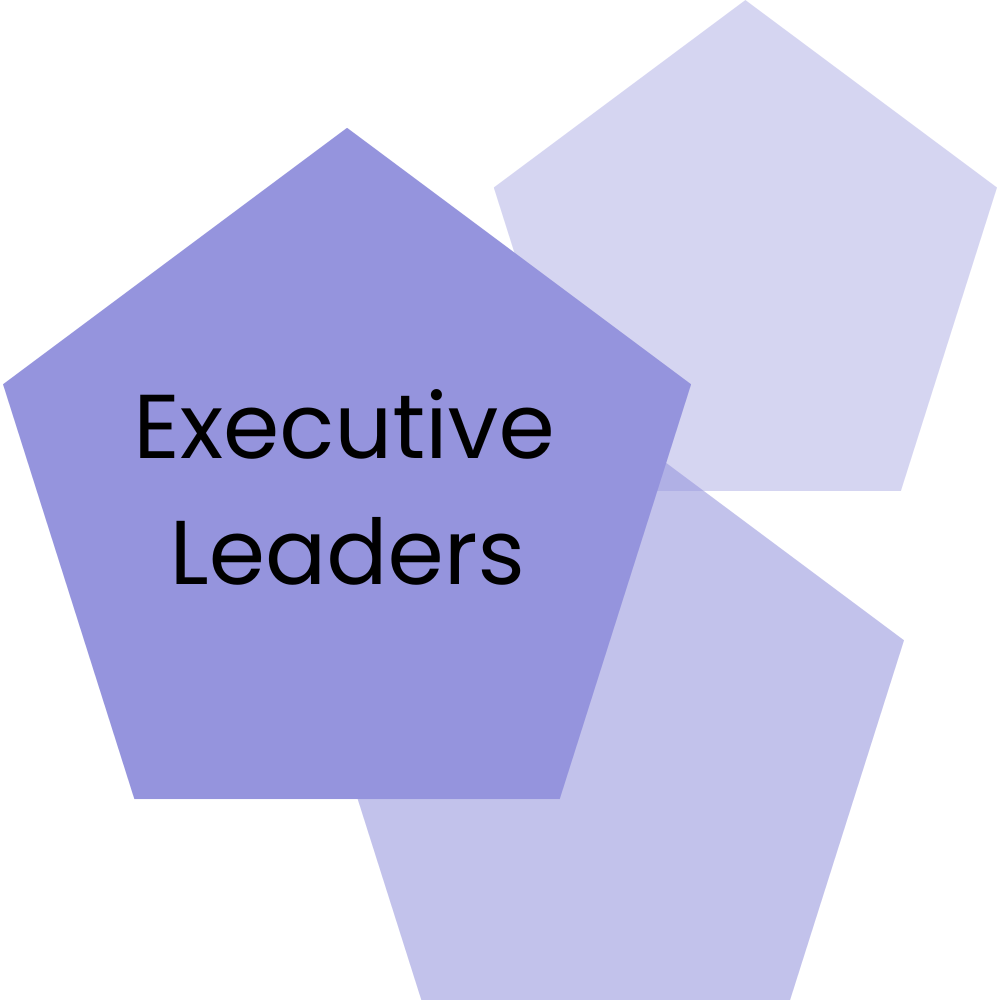 Purple abstract shape with the words 'Executive Leaders' in black text.