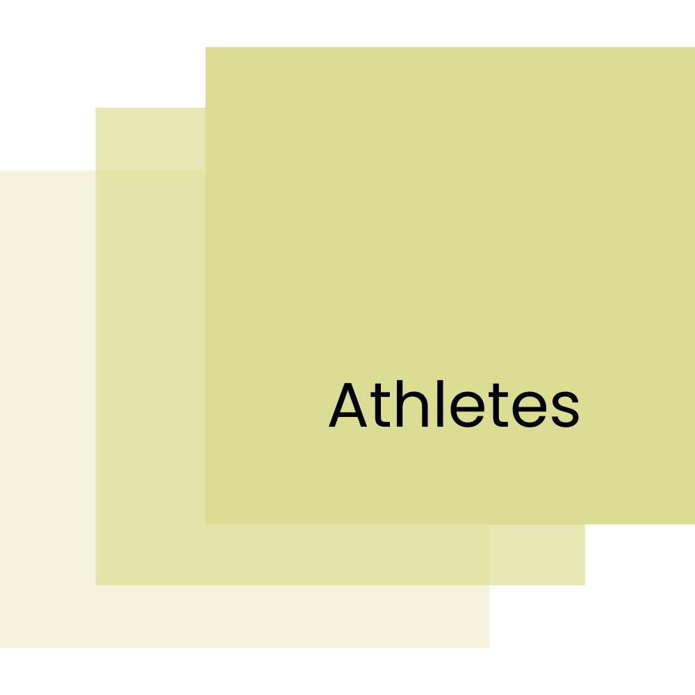 Graphic with a yellowish-green background and black corners, with the word 'Athletes' in the center.