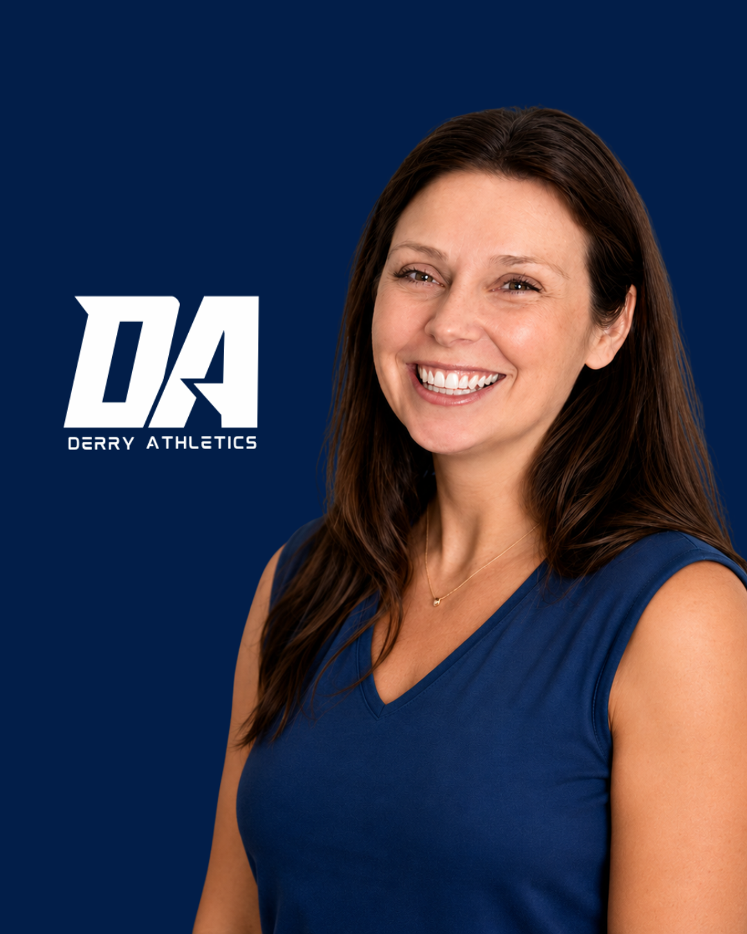 A smiling woman with long dark hair in front of a blue background with large white letters.