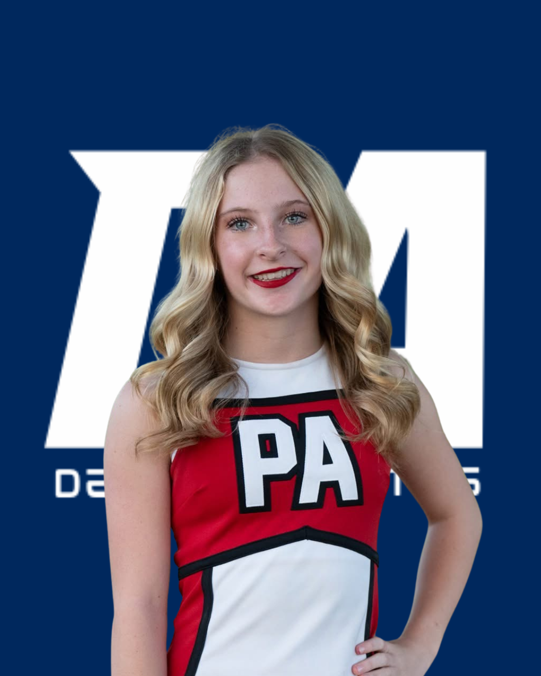 Young woman with blonde wavy hair, wearing a cheerleading uniform with 'PA' on it, smiling in front of a blue background with large white letters.