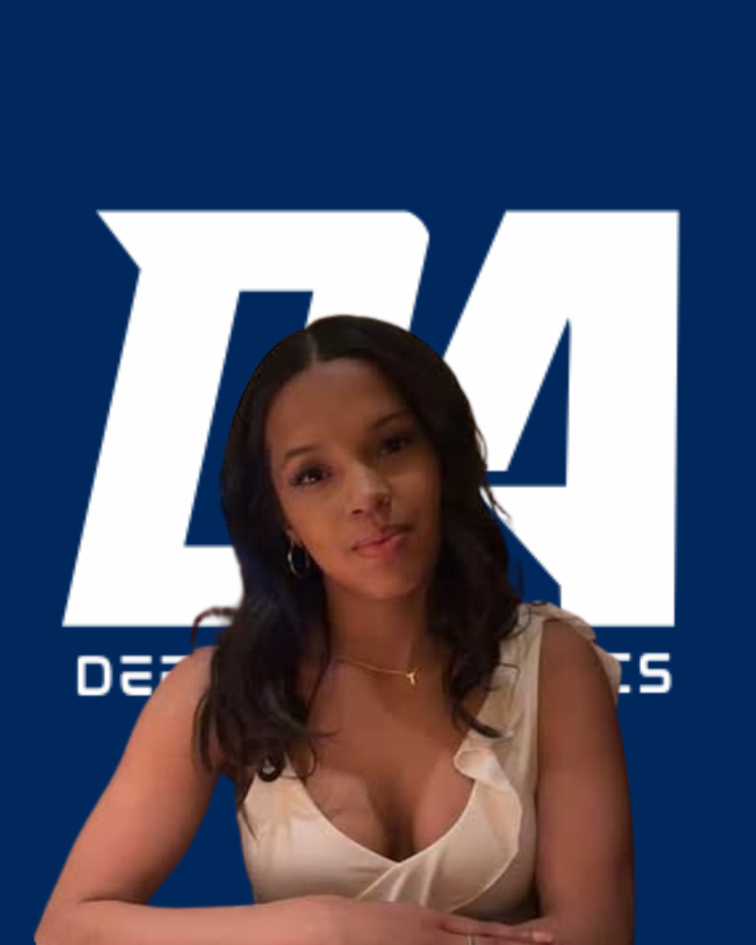 A woman with dark wavy hair and hoop earrings sitting in front of a blue background with white text that says 'DM' and smaller text below that says 'Details'. She is wearing a cream-colored top with a v-neck.