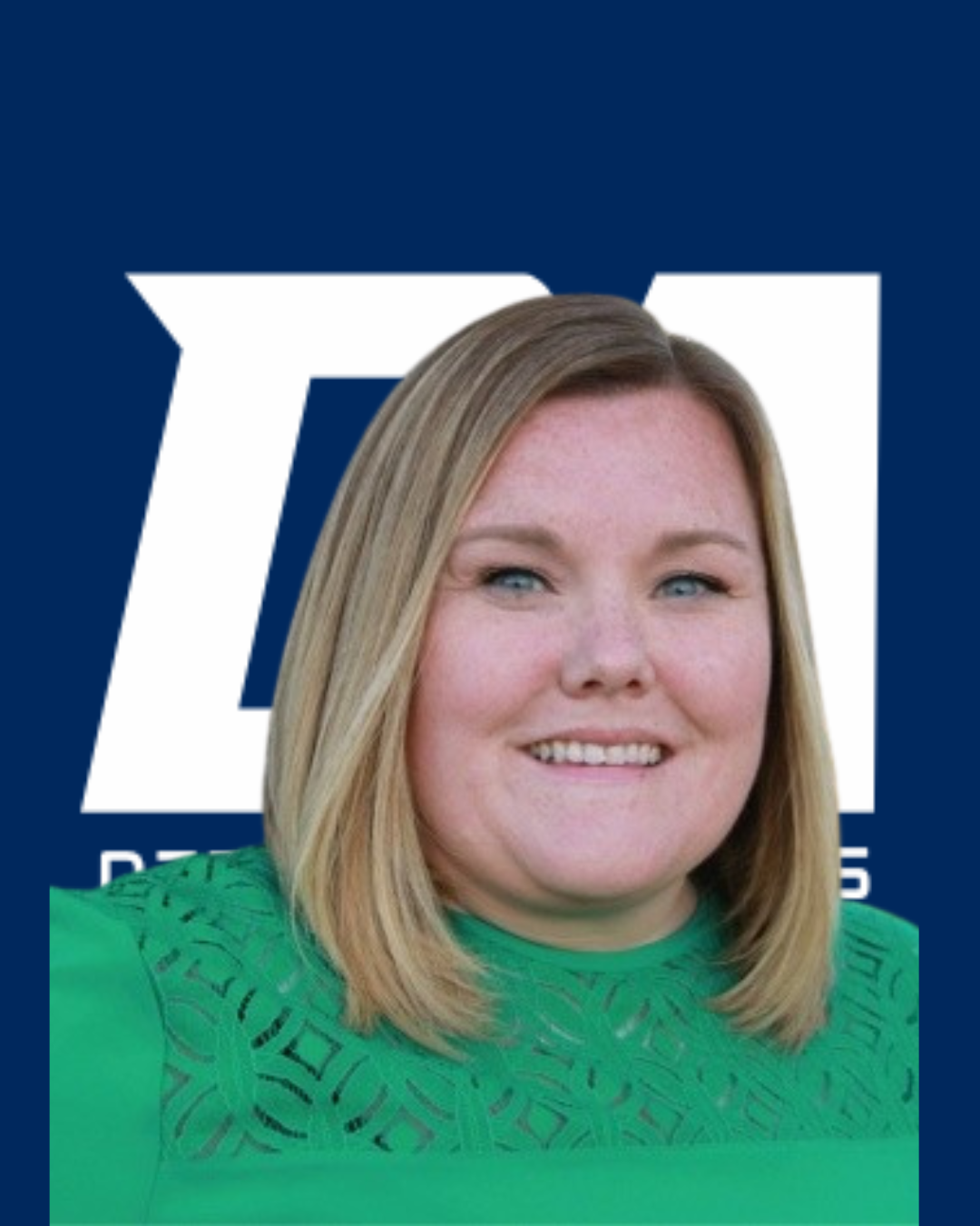 Close-up of a woman with blonde hair smiling in front of a blue background with a white logo.