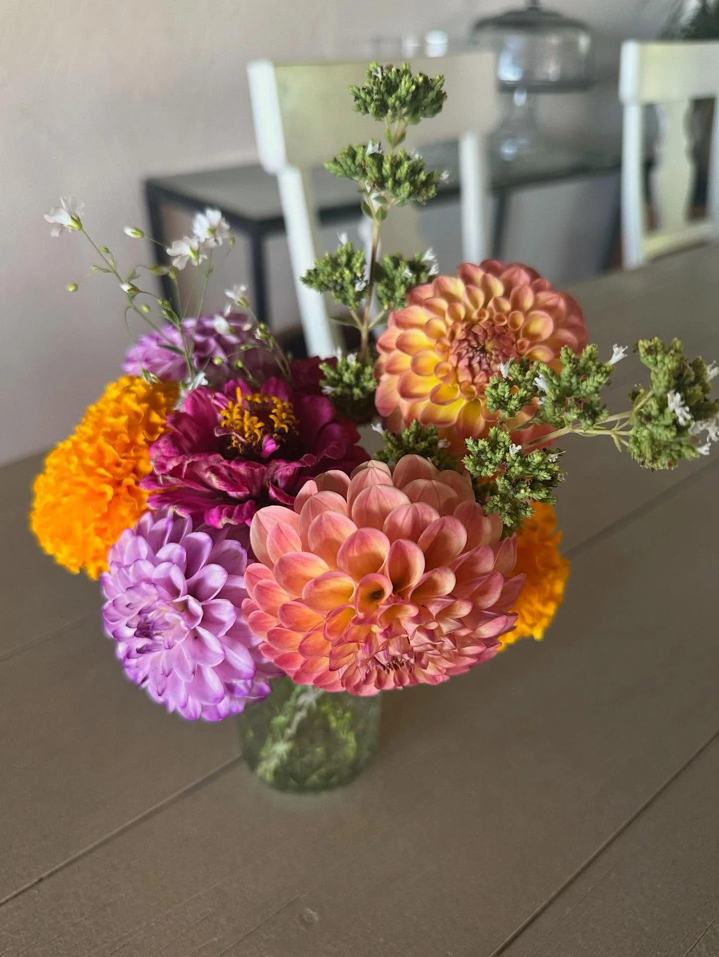 Summer birthday bouquet for a friend - zinnia, dahlias, marigolds with some flowering Oregano
#summerblooms #bouqet #bluemoonbotanicals