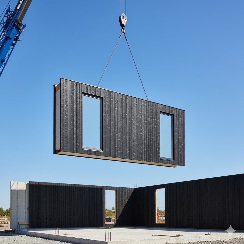 Prefabricated wall panel being craned into place