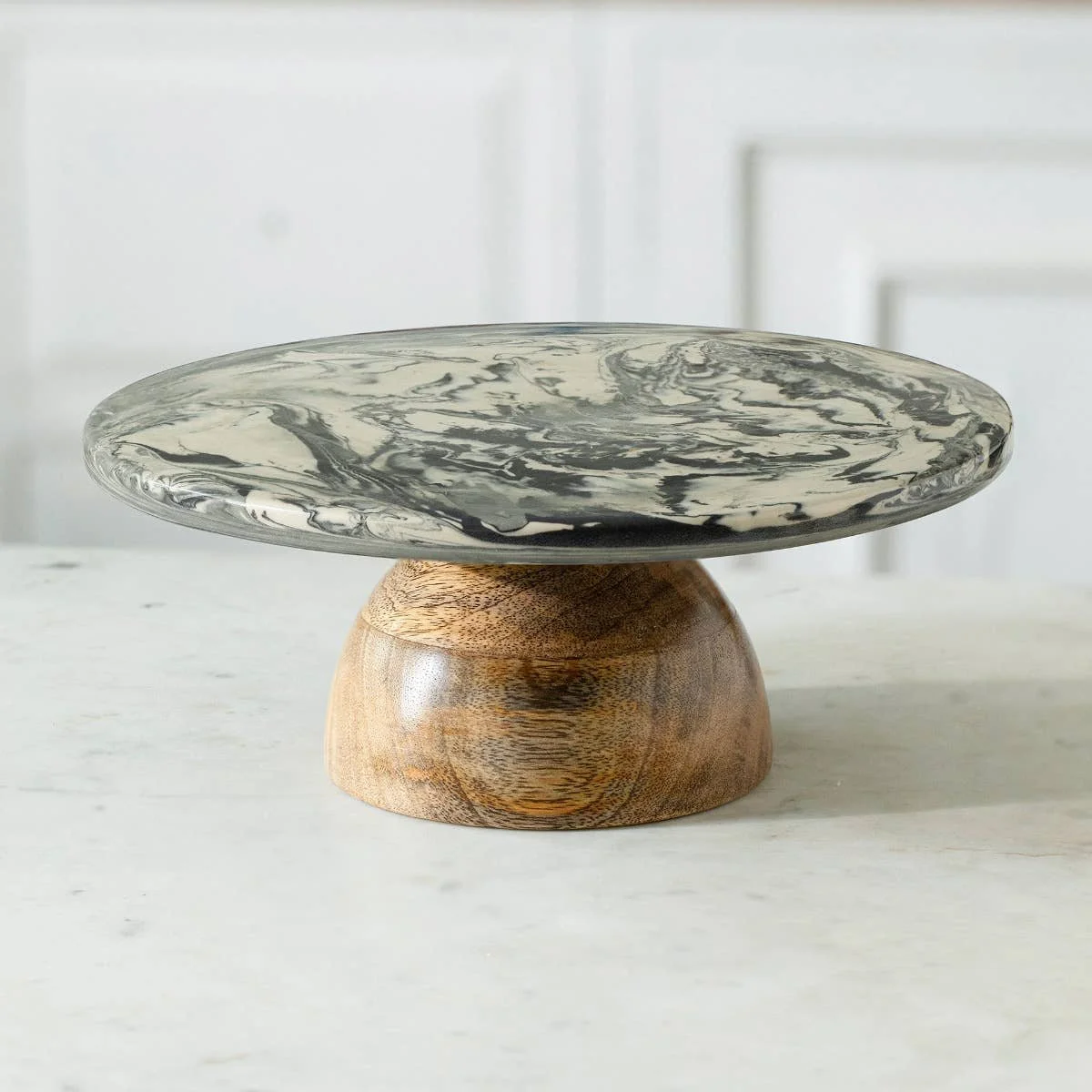 Black Ceramic Cake Stand with Wooden Base