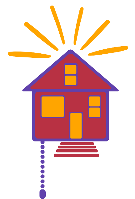 Program logo graphic of a red 1.5 story house outlined in purple with yellow windows. A purple pull chain hangs below and streaks of light come out the roof.