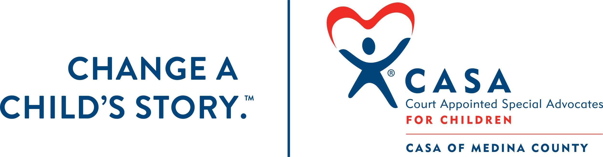The CASA logo, featuring a stylized human figure holding a heart. The words featured are: Change a Child's Story. CASA, Court Appointed Special Advocates for Children. CASA of Medina County