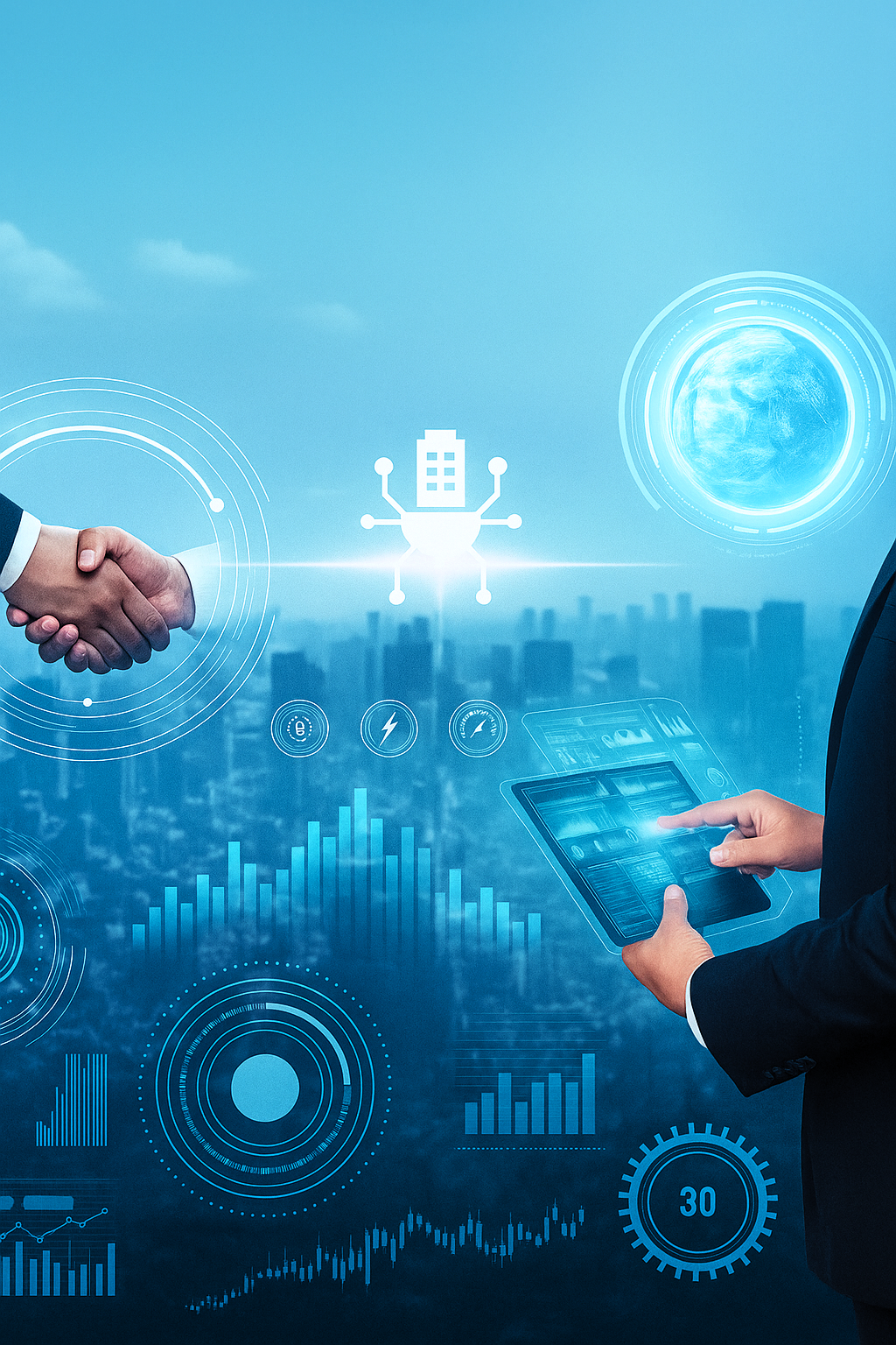 Two individuals shaking hands with a city skyline in the background, digital overlay of technology icons, graphs, and futuristic interface elements. BMS, BAS Automation