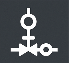 A white Pneumatic controls symbol on a dark background resembling a stylized circuit or tech icon with circles and lines.