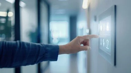 A person pressing a touchscreen user control panel in a modern office corridor. HVAC, Lighting, Building Controls, Automation