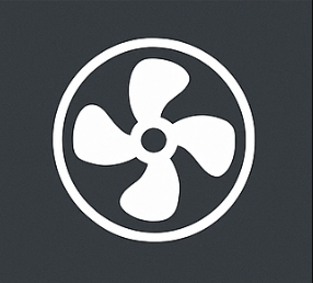 A white fan or propeller symbol inside a white circle on a dark background.