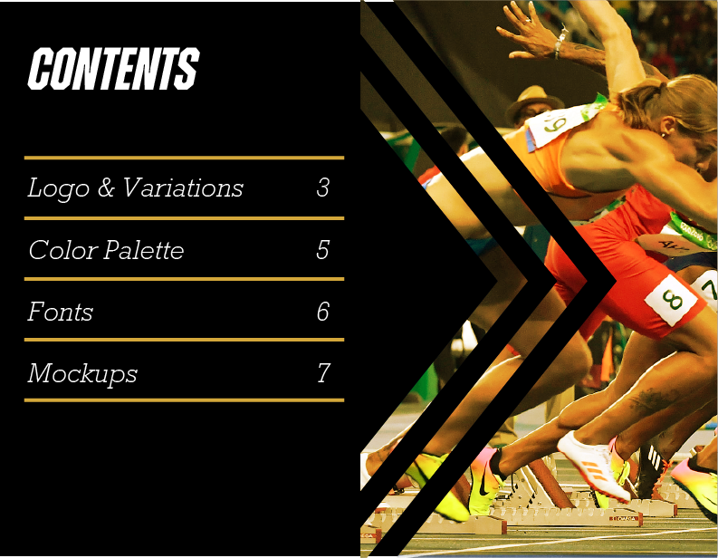 Table of contents page with sections titled Logo & Variations, Color Palette, Fonts, and Mockups, beside an image of athletes at the starting line of a race.