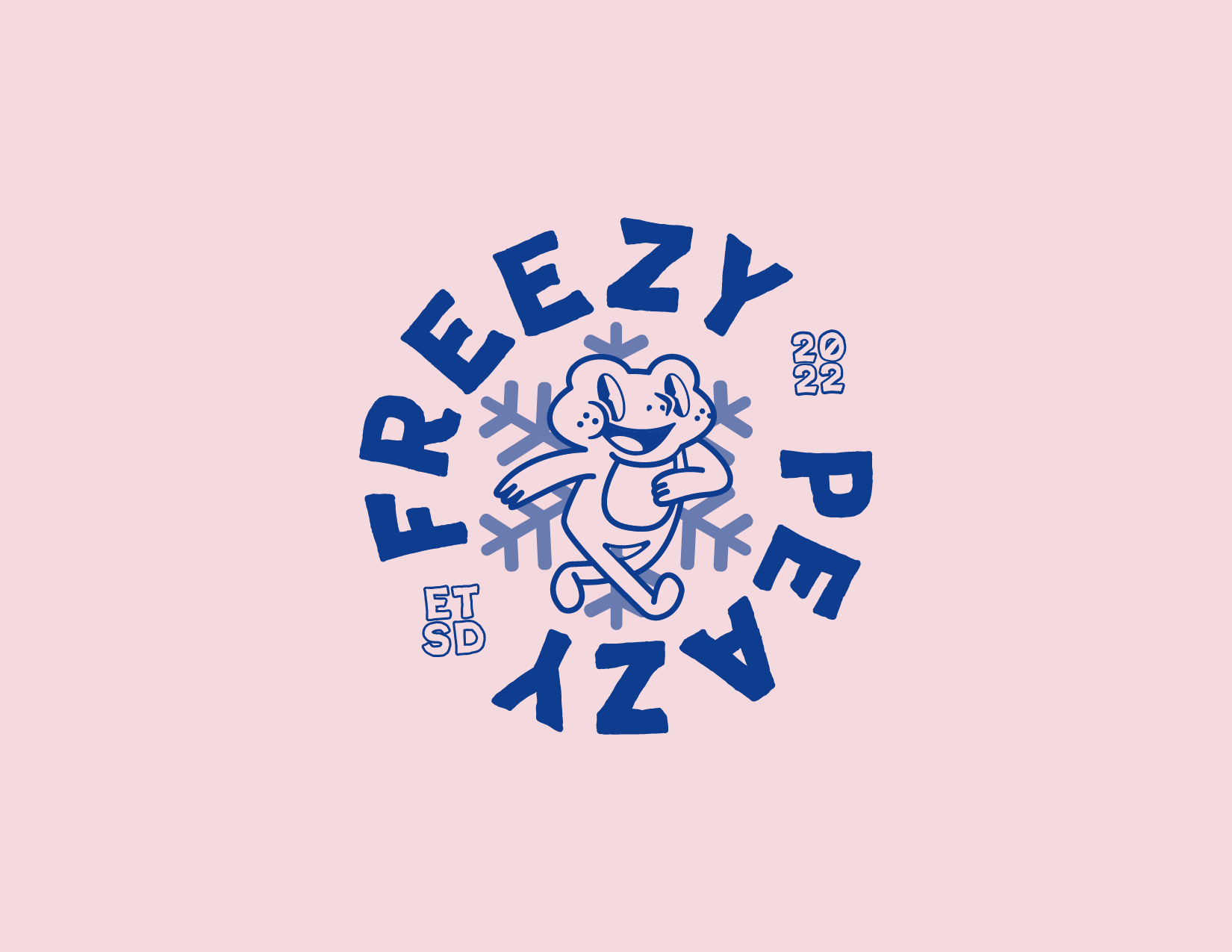 A pink background features a cartoon ferret with a big smile, crossing its arms. Surrounding the ferret are large dark blue and smaller light blue text and snowflake graphics, reading "FERREZYPE" and the year "2022." The words "ET SD" are also presen