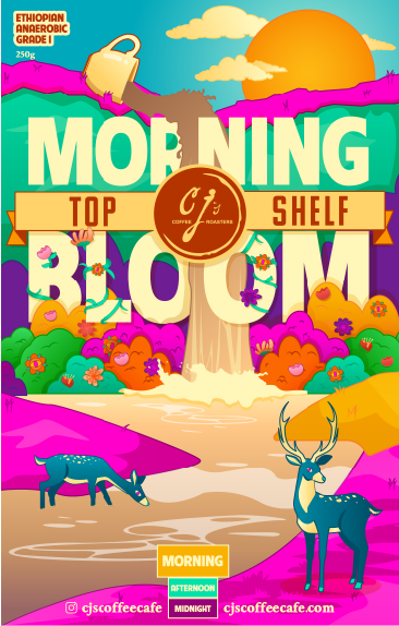 Colorful morning scene with stylized animals, vibrant plants, and large text reading 'Morning Top Shelf Room.' Features a sun, clouds, and a waterfall, with a logo for CJ Coffee & Roasters in the center.