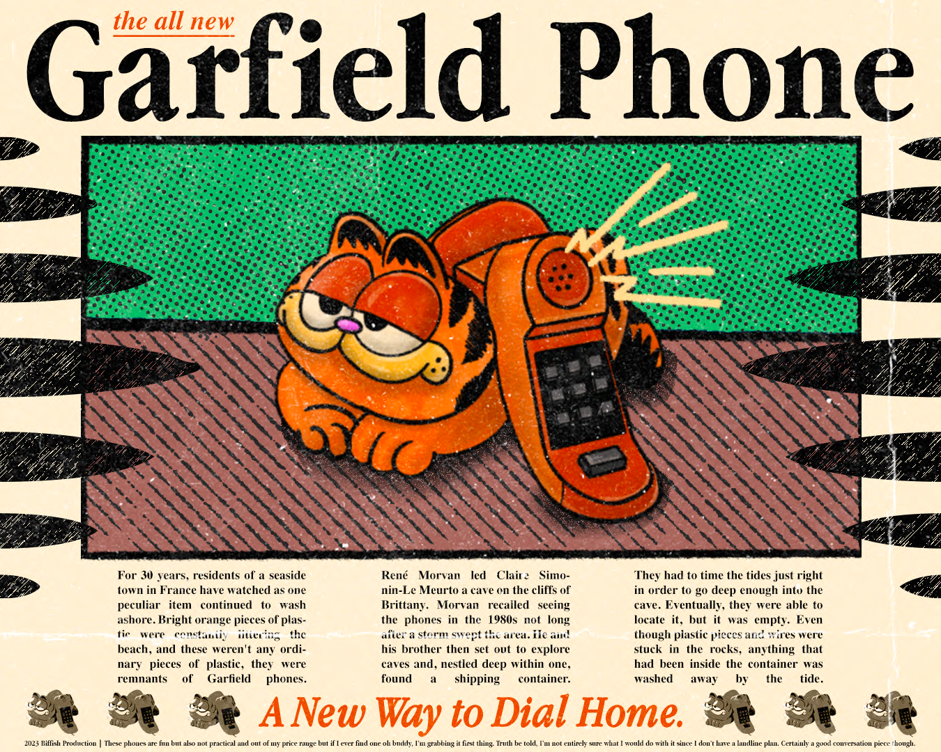 A vintage comic-style illustration of Garfield, the orange cartoon cat, talking on an old-fashioned orange landline telephone with a rotary dial. The background features a green and cream-colored pattern with black decorative elements on the sides. G