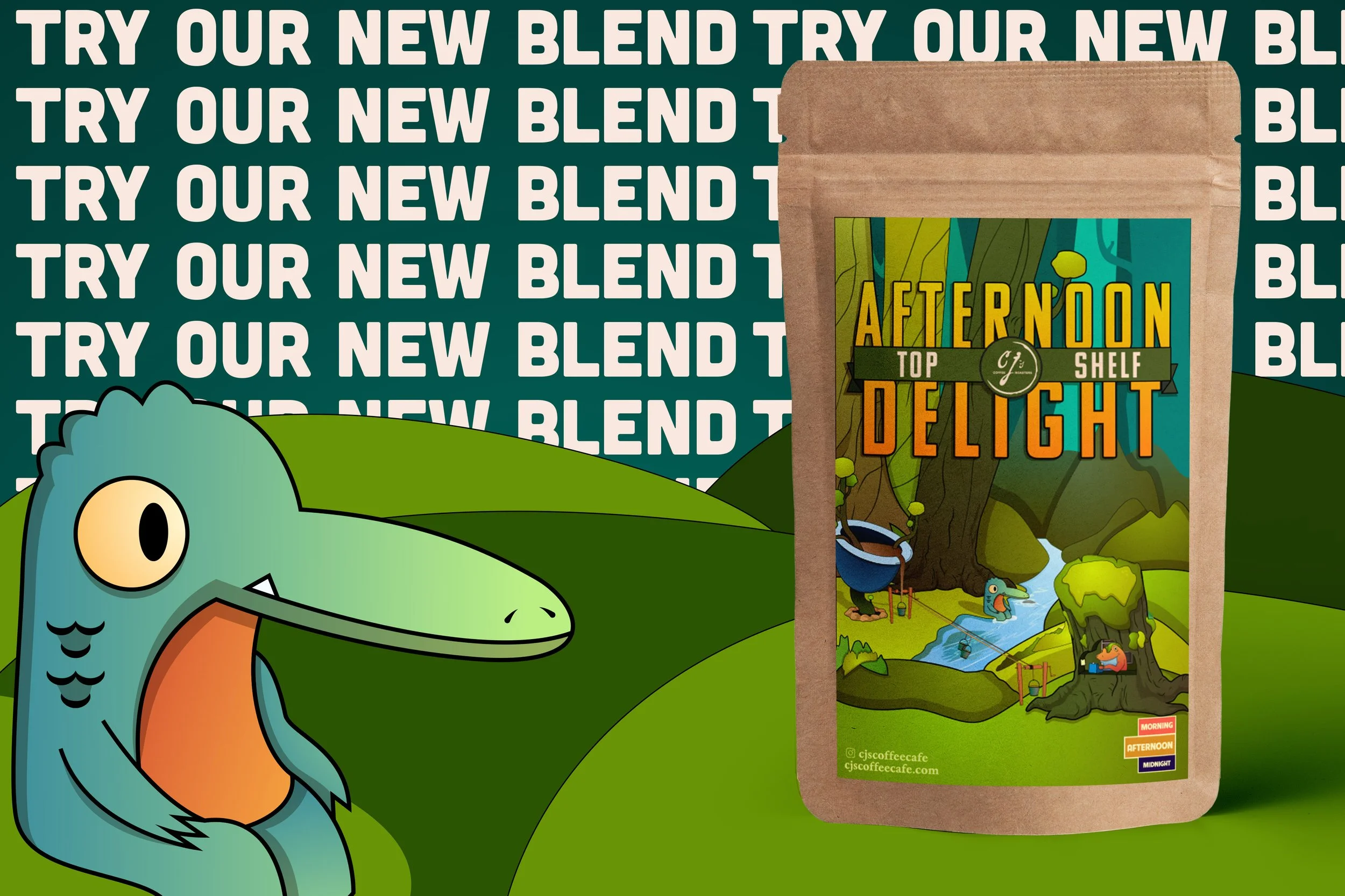 A cartoon-style illustration of a coffee bag labeled "Afternoon Top Shelf Delight" positioned in front of a scenic outdoor setting with trees, a stream, and a person sitting on a log. The background features repeated text saying "Try our new blend" i