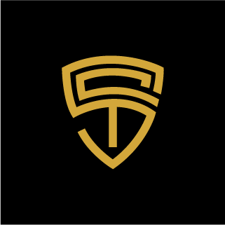 A gold and black shield-shaped logo with stylized initials.