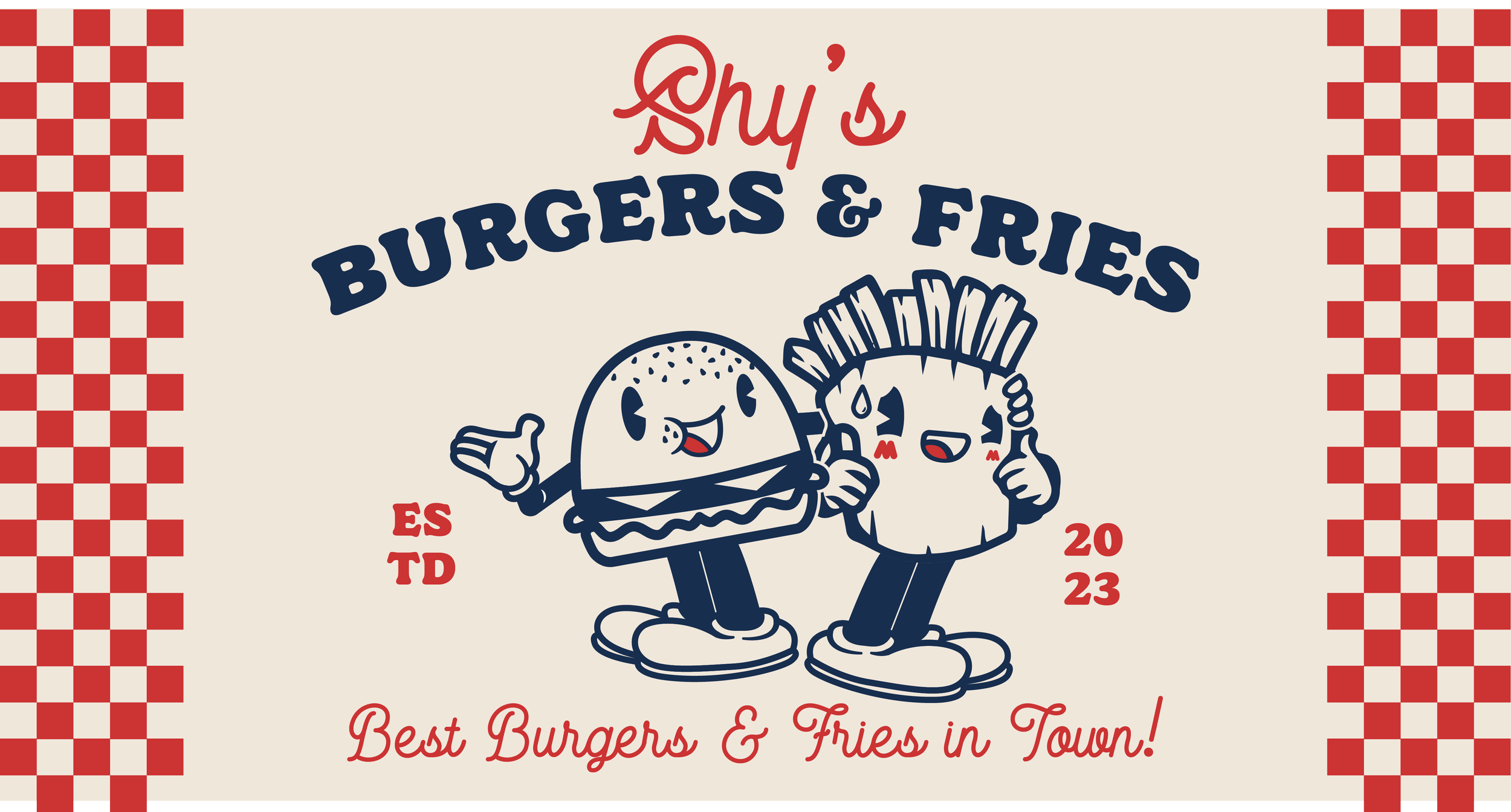 A vintage-style restaurant sign featuring cartoon characters of a burger and a fries giving each other a hug, with the text 'Shy's Burgers & Fries,' 'ESTD 2023,' and 'Best Burgers & Fries in Town!' on a checkered red and beige background.