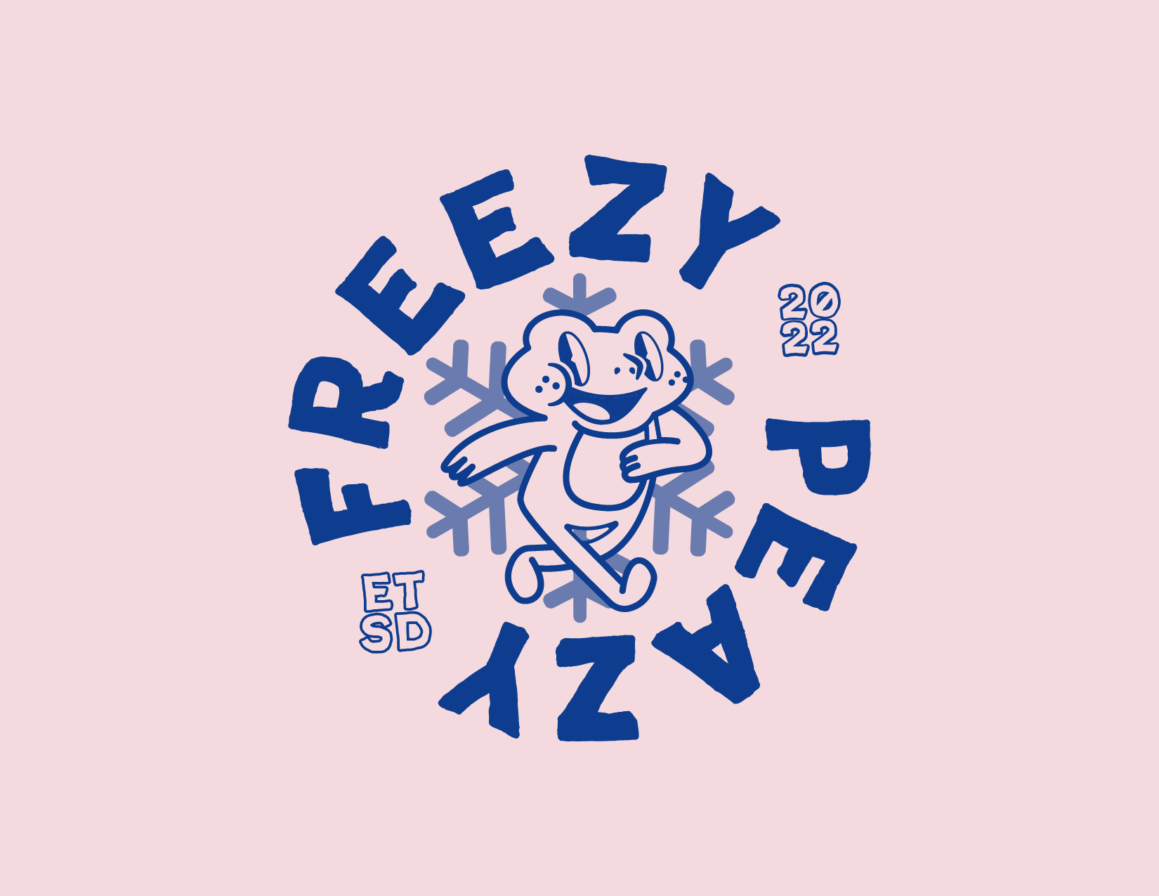 A light pink background with a cartoon image of a happy dancing panda inside a snowflake. The text surrounding the panda reads "FREEZY PANDA 2022," with additional small text "ET SD" on the left side.