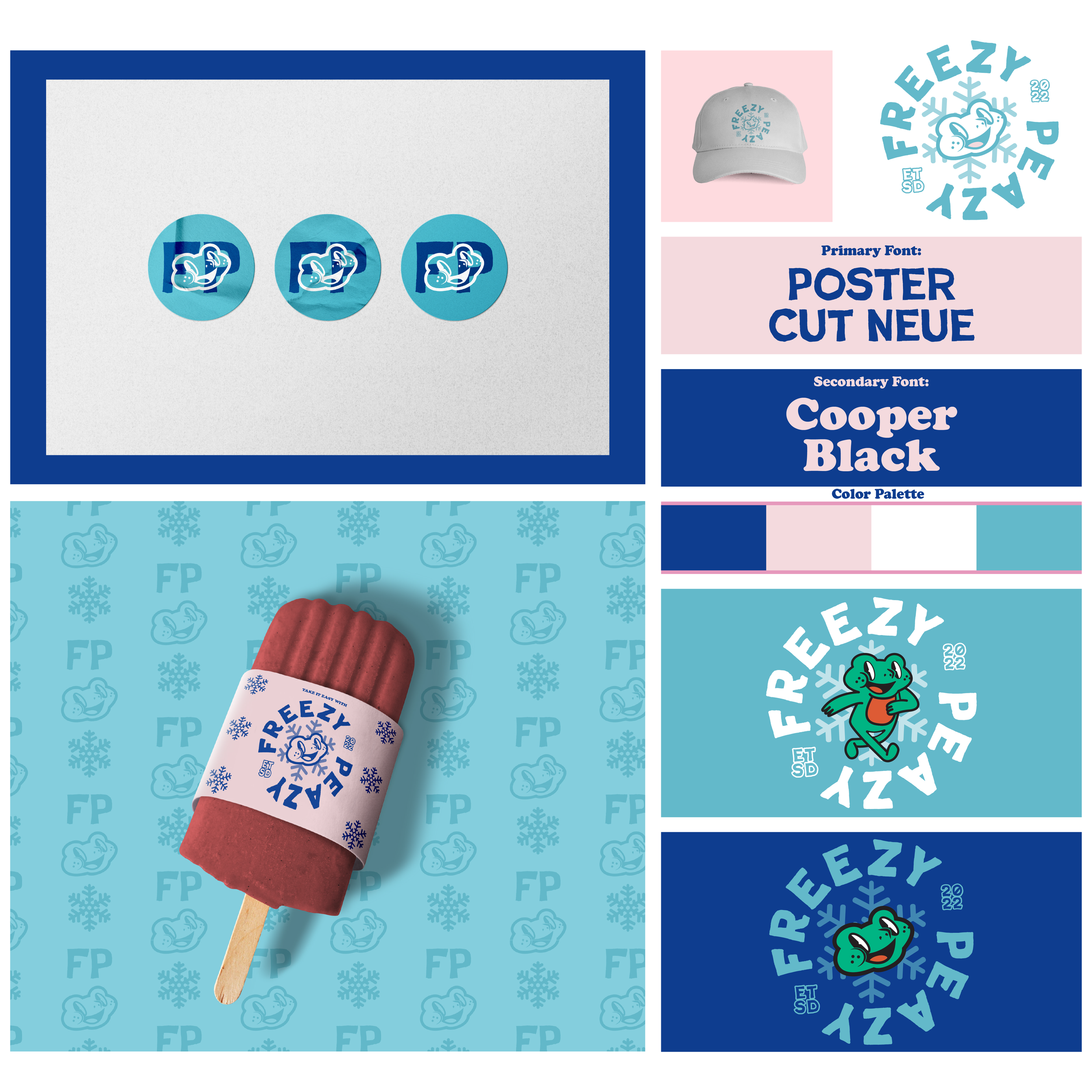 Design board featuring ice cream branding called "FEEZY PEAZY 2022" with a cartoon crocodile mascot. The board includes logo variations, font and color palettes, and product packaging with a logo sticker on an ice cream bar.