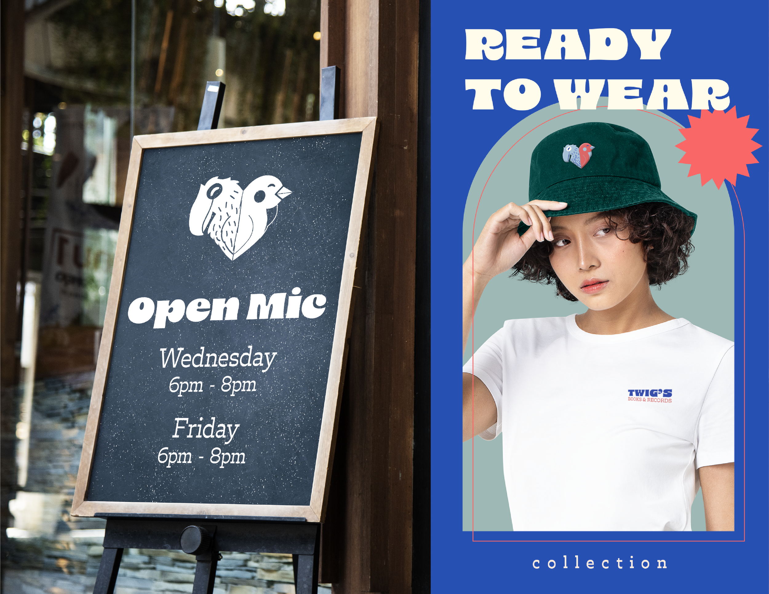 A chalkboard sign advertising open mic nights on Wednesday and Friday from 6 pm to 8 pm. Next to it, a fashion poster features a woman wearing a green bucket hat with a Parrot pin, a white t-shirt with the logo 'TWIG'S BOOKS & RECORDS', and a serious