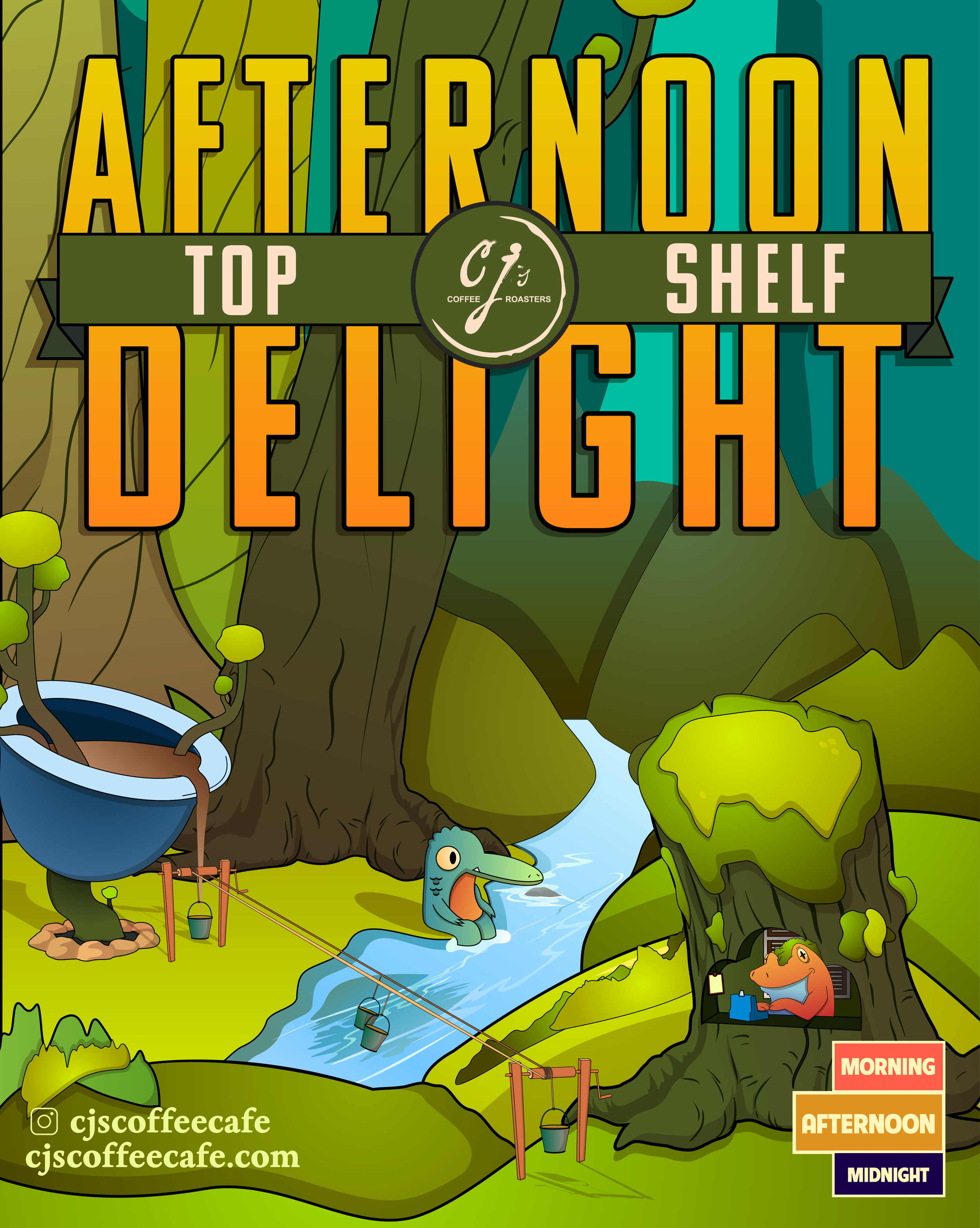 Colorful cartoon illustration of a coffee shop menu with the title 'Afternoon Top Shelf Delight' set in a forest scene with trees, a river, and a treehouse where a small animal is working on a laptop. Trees have labels indicating different times of d