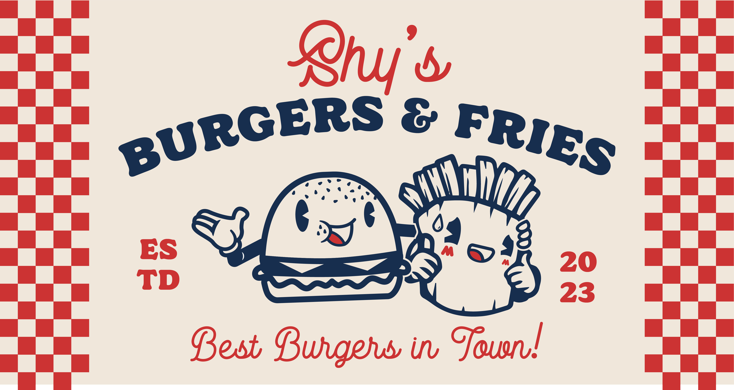 Vintage restaurant sign for 'Shy's Burgers & Fries' featuring a cartoon hamburger and fries with happy expressions, red and white checkered borders, and text reading 'Best Burgers in Town!'