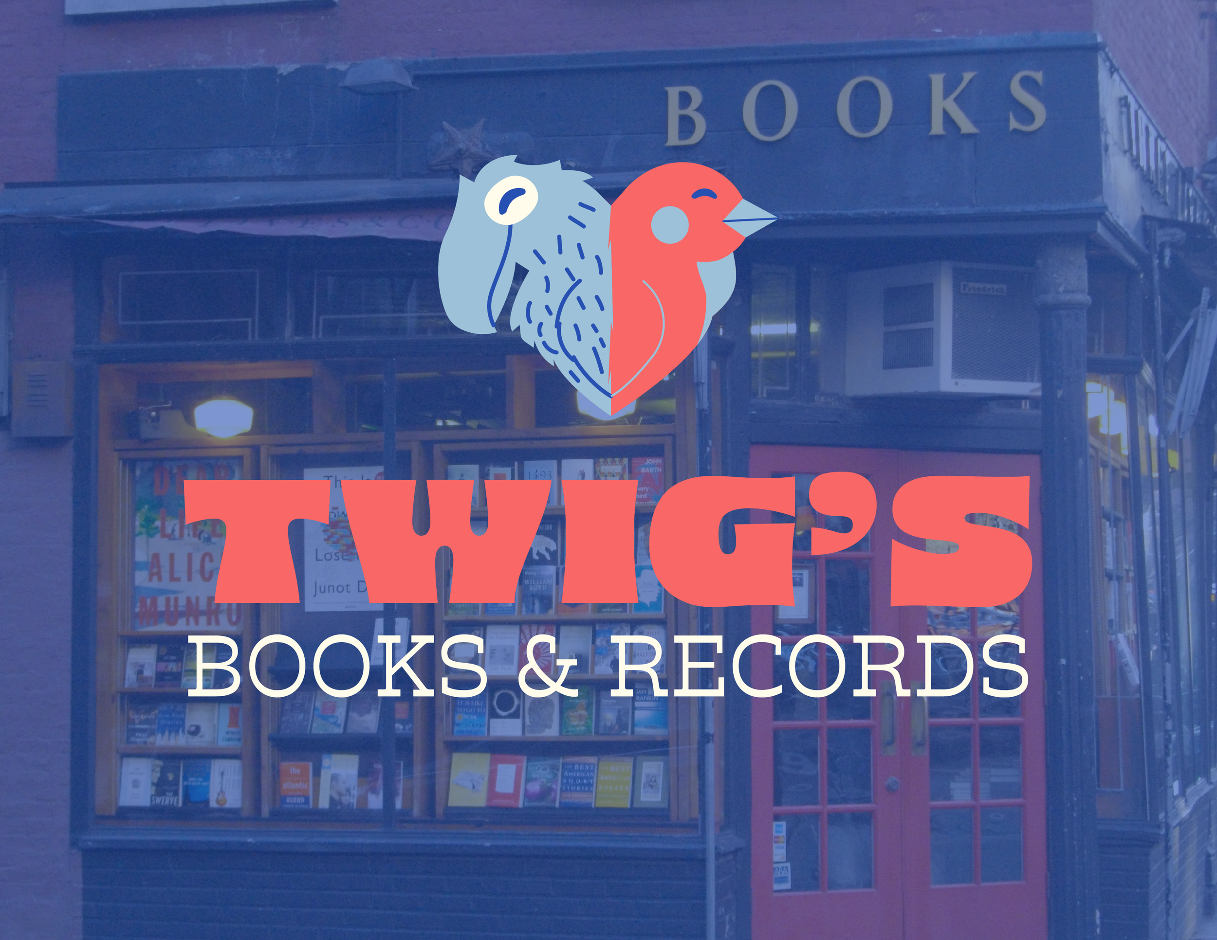 Bookstore storefront with a sign reading "BOOKS & RECORDS" and a logo featuring a stylized owl and bird, with the words "TWIGS" in large pink letters.