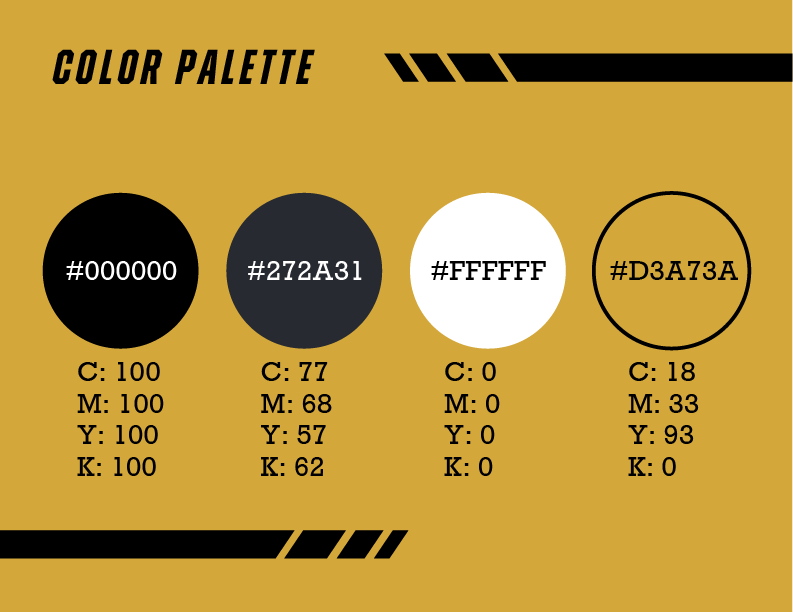 Color palette with four circles showing hex codes: black (#000000), dark gray (#272A31), white (#FFFFFF), and gold (#D3A73A).