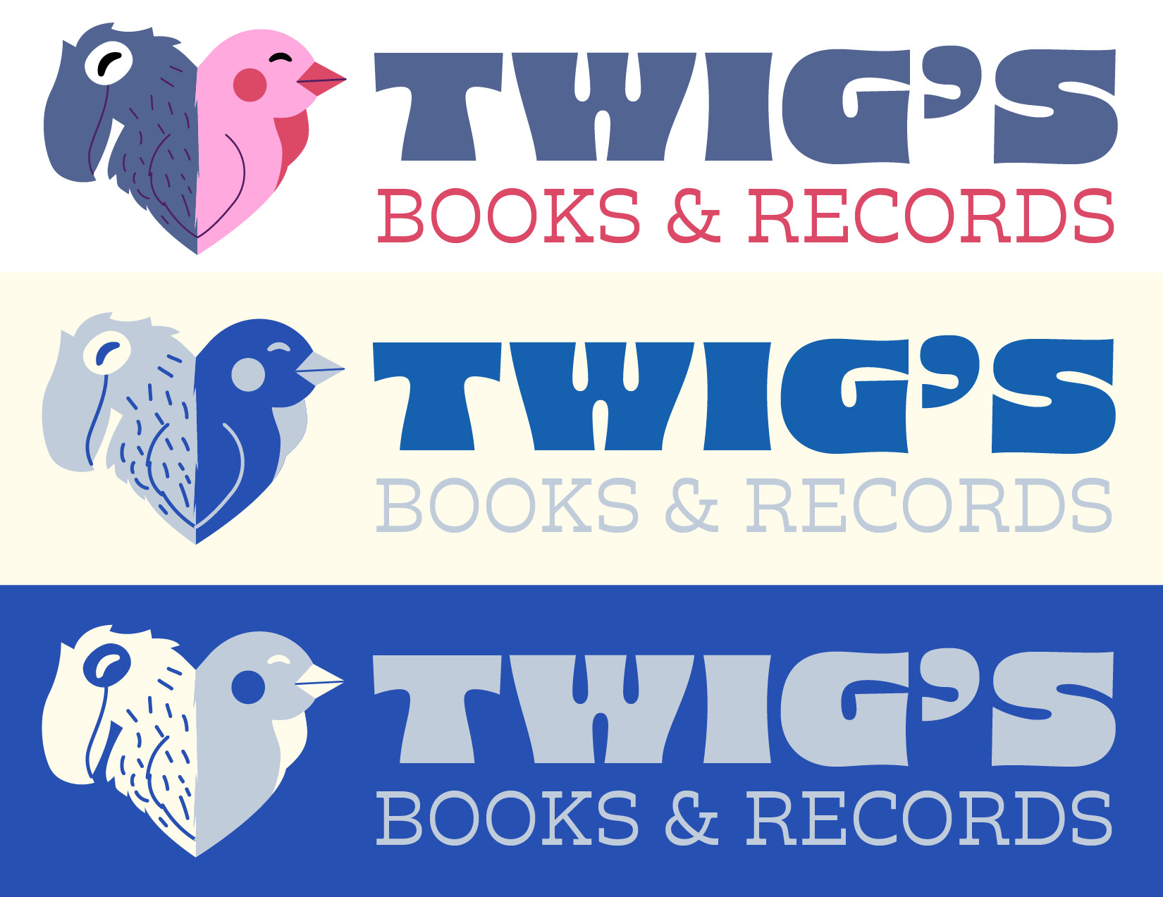 Three logo designs for 'Thugs Books & Records,' each featuring a stylized bird's head with headphones, varyingly colored with different background colors.
