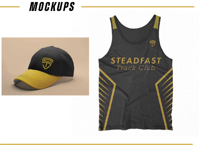 A black and yellow baseball cap with a shield logo and a black tank top with gold accents that reads 'STEADFAST Track Club' with matching logo.