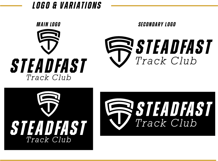 Two logos of Steadfast Track Club, featuring a stylized shield with the letter 'S' inside, one with the word 'STEADFAST' and the other with 'STEADFAST Track Club' on a black background.