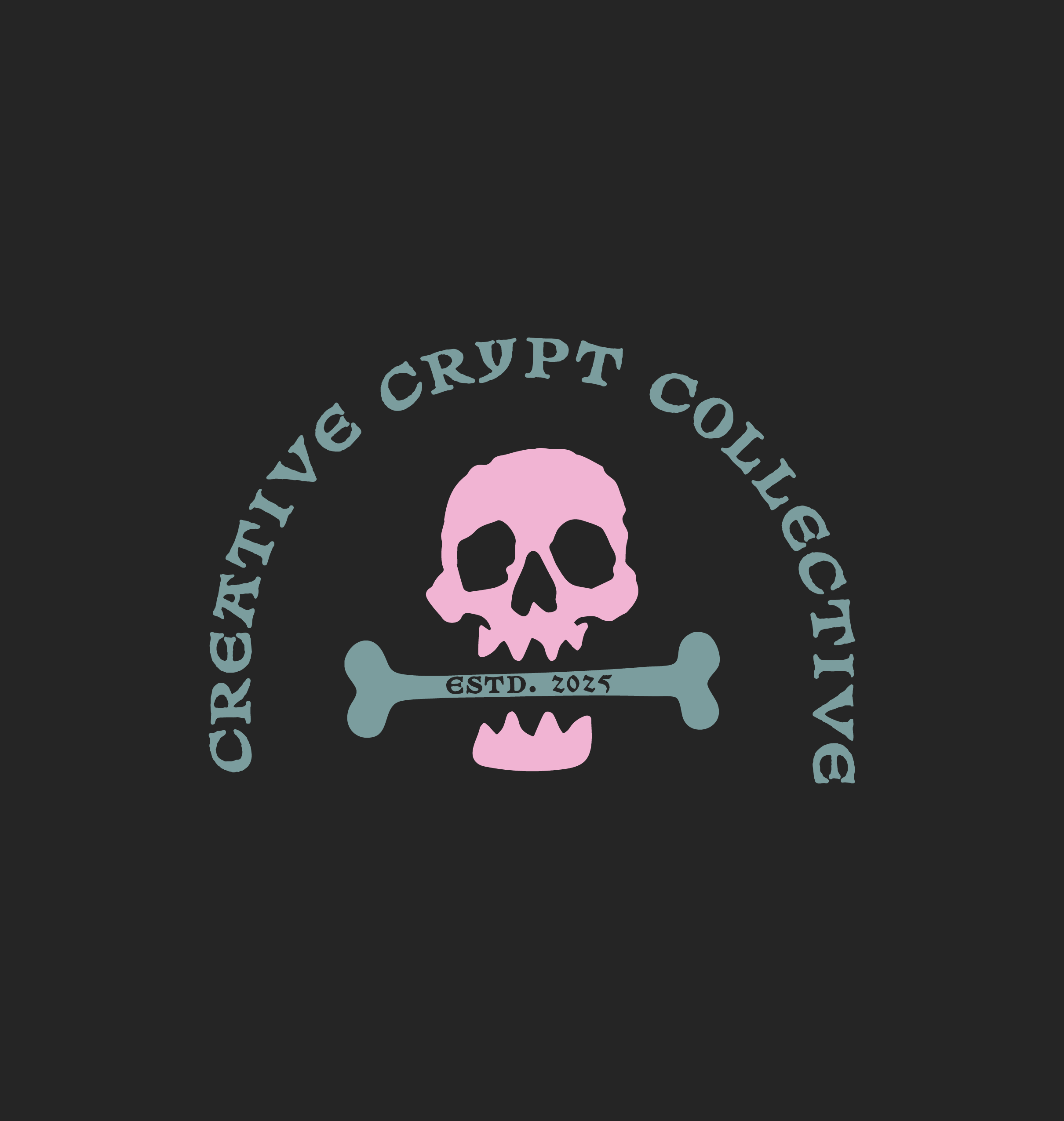 Logo for a cryptocurrency brand named 'Creaenye Crypto CollectivAB,' featuring a pink skull with hollow eyes and nose, a pink jawbone, and a blue bone across the mouth with the text 'ESTD. 2025' on it. The brand name encircles the skull in blue text.