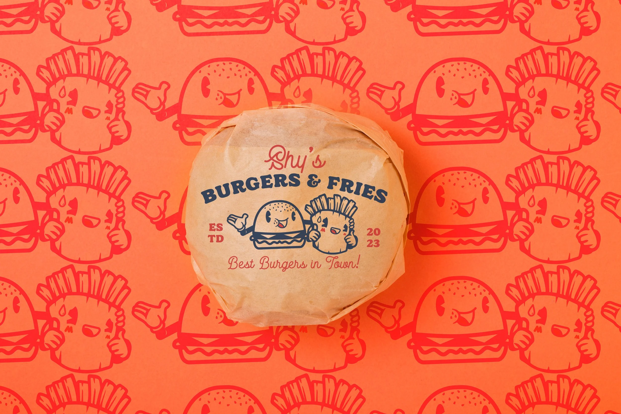 A wrapped burger on orange paper with cartoon burger and fries characters, and the text 'Dhy's Burgers & Fries, Best Burgers in Town!'