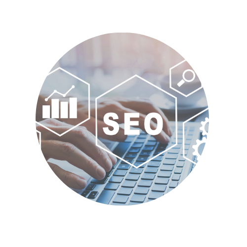 Person typing on a laptop keyboard with digital graphics overlay of SEO and data analysis icons.