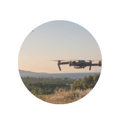 A drone hovering above a landscape at sunset with trees and distant mountains.