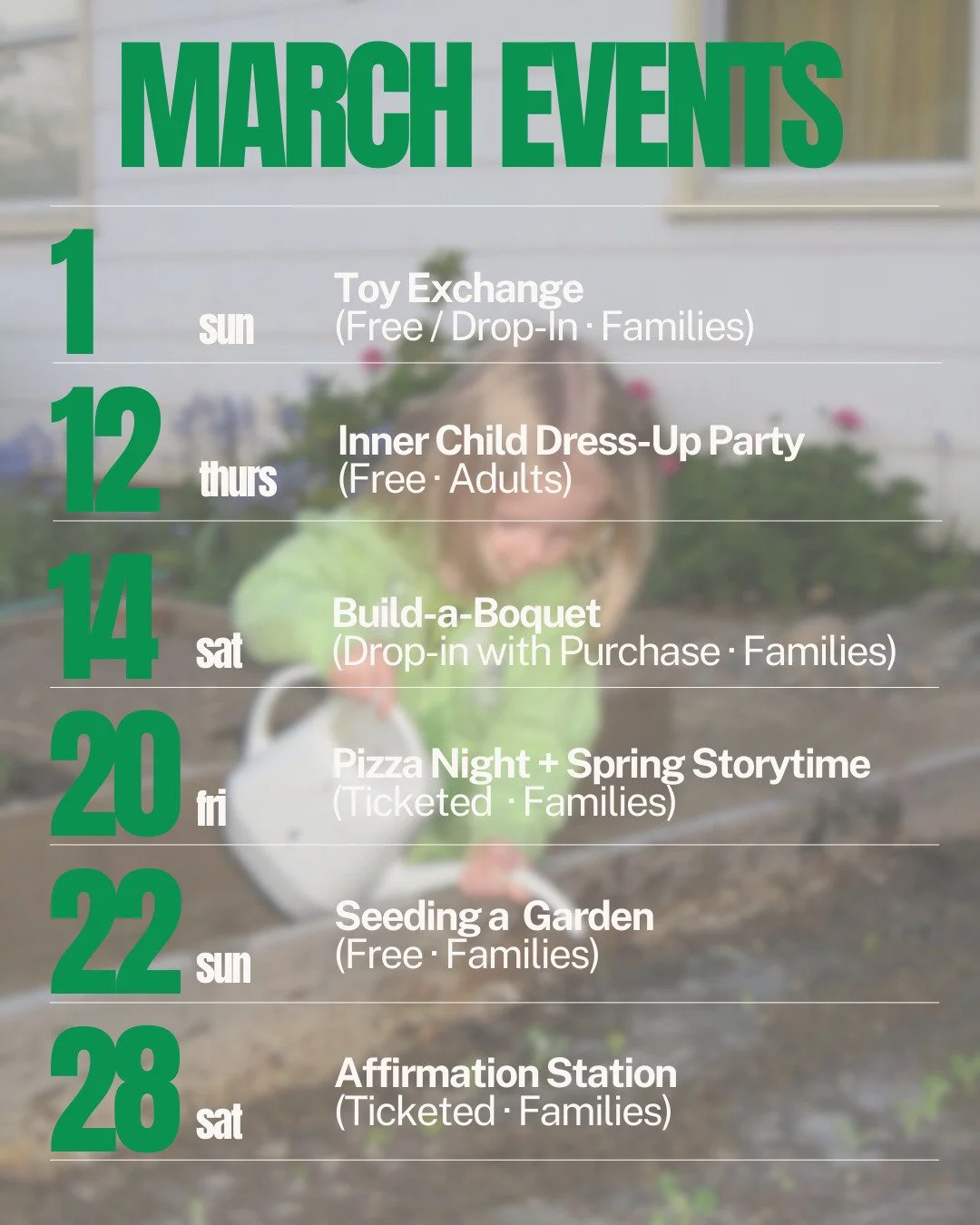 March at NOOMOON hosted by Play-Date Collective 🌱✨

A month of swapping, dressing up, building, planting, storytelling, pizza nights, and affirming the magic in our kids (and ourselves).

Some events are free + drop-in, some are ticketed &mdash; all
