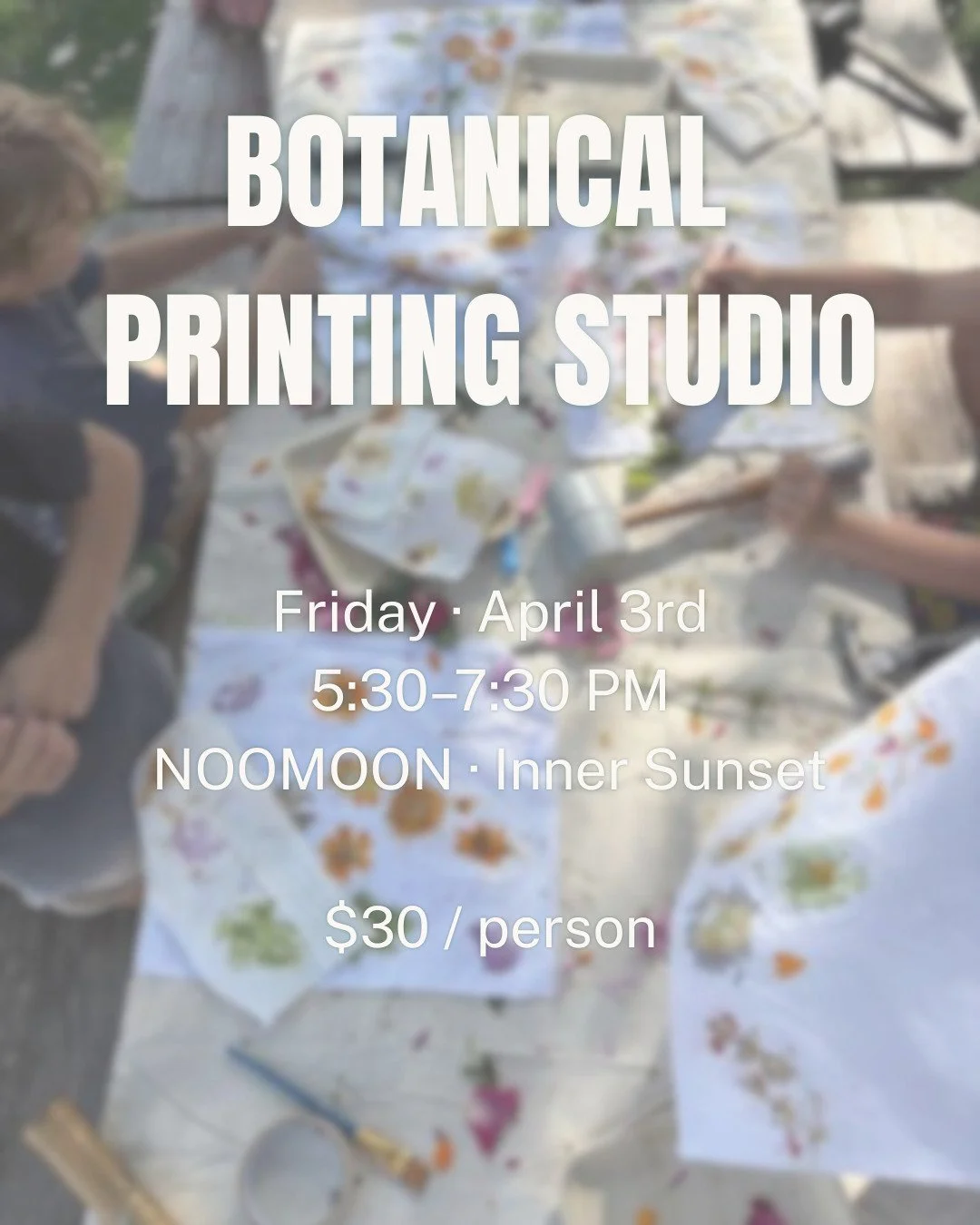 Botanical printing, for all ages 🌿

Kids get to explore hands-on with flowers, leaves, and color &mdash; pressing, arranging, and discovering as they go.
Parents leave with something beautiful to take home and actually use.

Playful, tactile, and ju