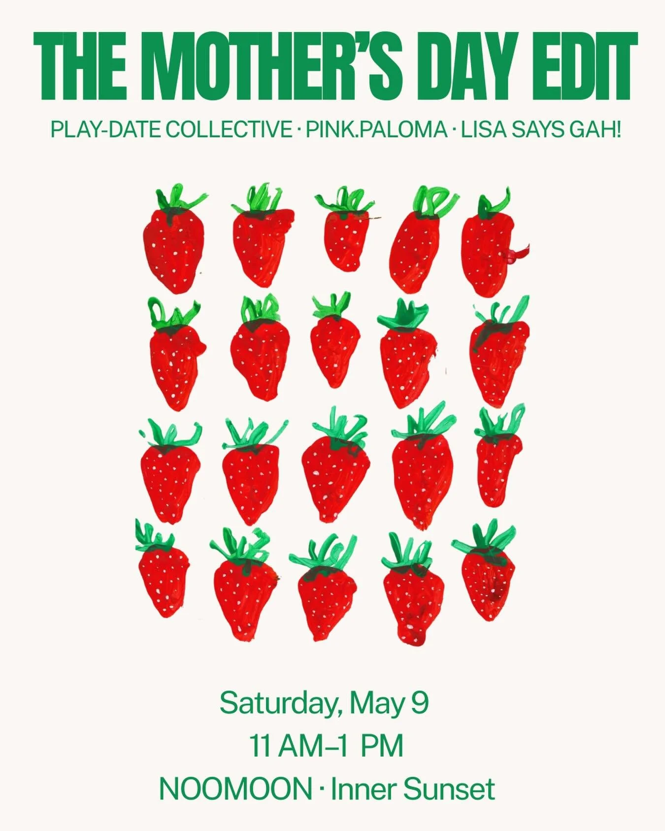 Handpicked for mom 🌷

Join us for a special Mother&rsquo;s Day edition curated by Play-Date Collective at NOOMOON &mdash; a soft little morning of flowers, thoughtful finds, and handmade details.

We&rsquo;ll have:
🍓 A special selection from the re