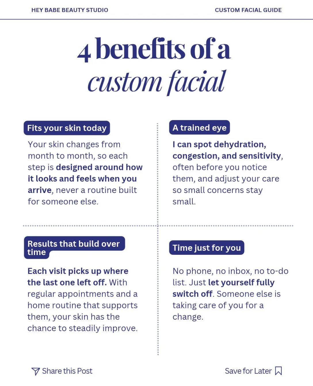Why is a custom facial the way to go? 

It fits the skin you walk in with. Your skin shifts with the seasons, stress, travel, and hormones, and a custom facial shifts with it. Every visit starts with a close look at your skin, so concerns like dehydr