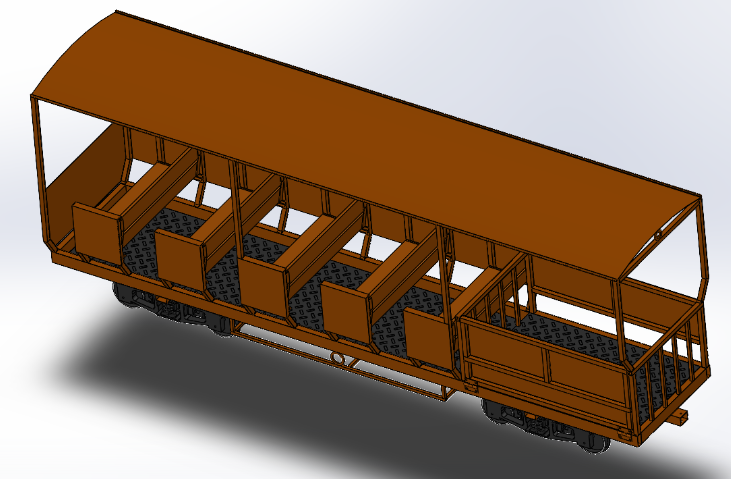 3D rendering of an open-sided brown train car with six interior seats and a walking area, on a black platform with wheels.