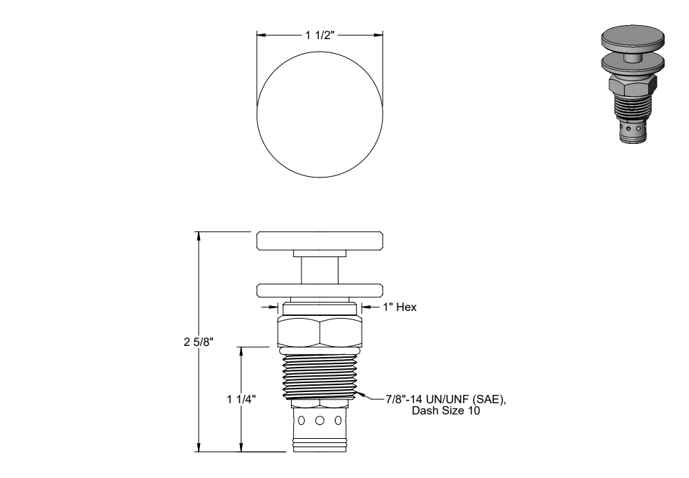 Technical drawing of a mechanical component, showing top view and side view with dimensions, including a circle with 1.5-inch diameter, a height of 2 5/8 inches, and threaded parts with specifications.