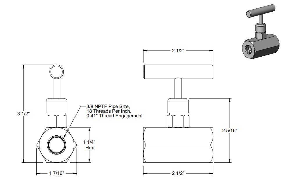 Technical drawing of a valve with dimensions, showing front and side views, including a handle, threaded pipe connection, and detailed measurements for installation.
